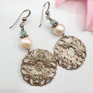 Vintage Filigree Medallion Genuine Pearl Dangle Earrings Romantic Lacey Pretty